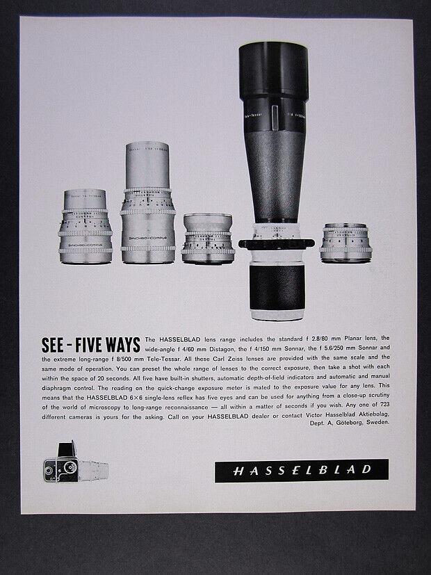 1963 Hasselblad Zeiss Planar Distagon Sonnar Tele-Tessar Lenses vintage print Ad