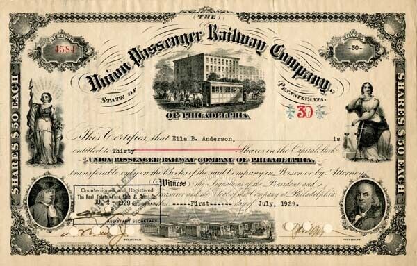 Union Passenger Railway Co. of Philadelphia - Stock Certificate - Railroad Stock
