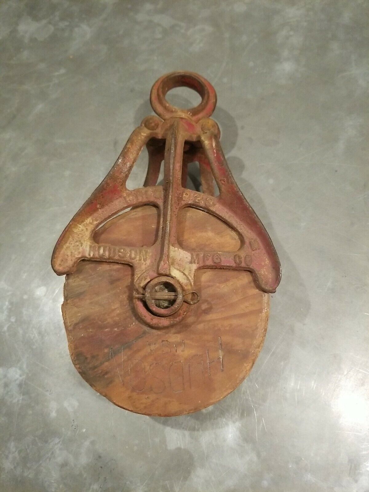 Vintage HUDSON Wood and Cast Iron Pulley -barn Primitive Farm