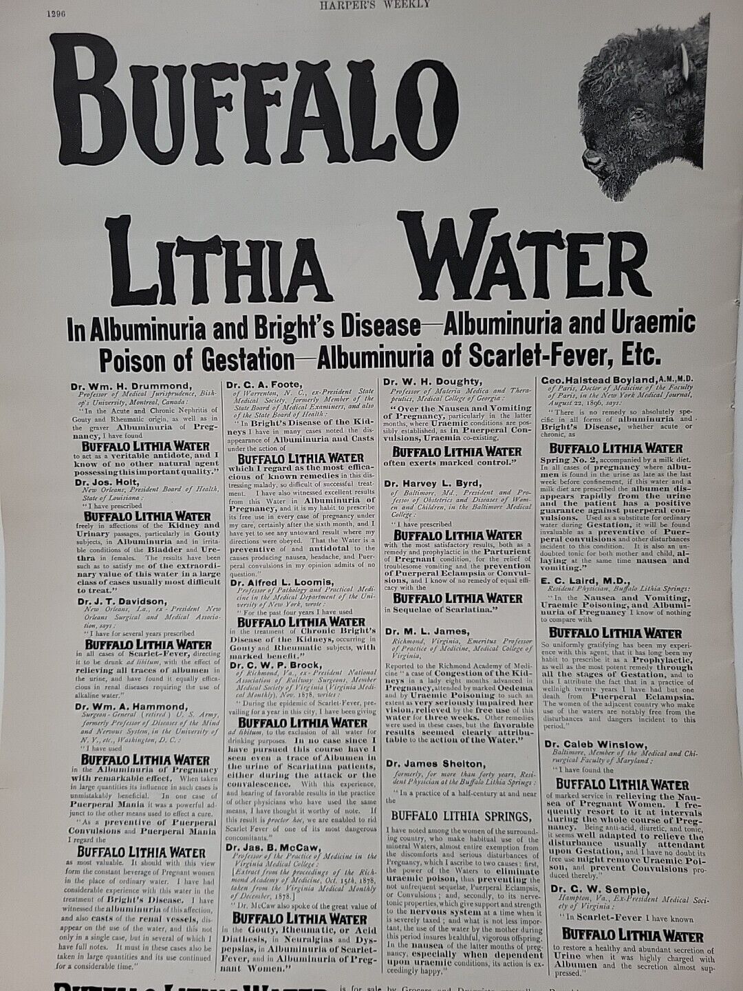 1899 Buffalo Lithia Water Print Advertisement Harper's Weekly Quack Medicine
