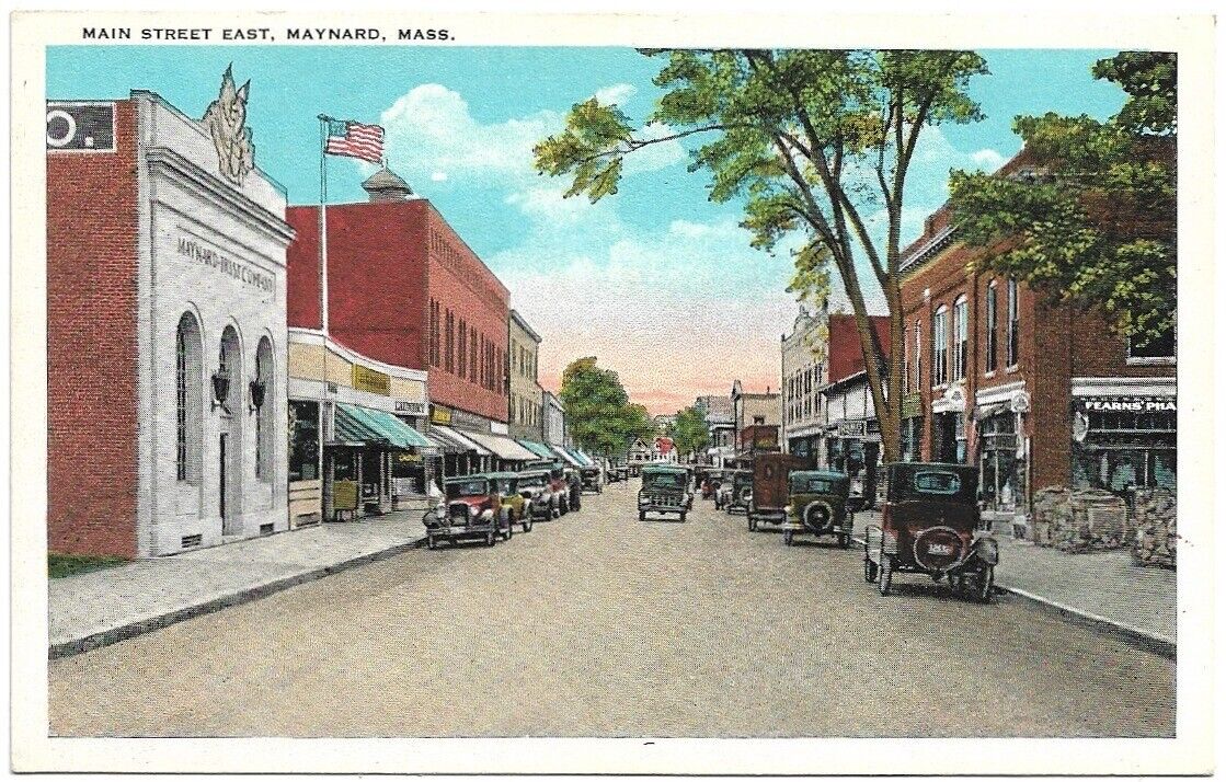 Maynard Massachusetts MA Main Street East View Classic Car Vintage Postcard