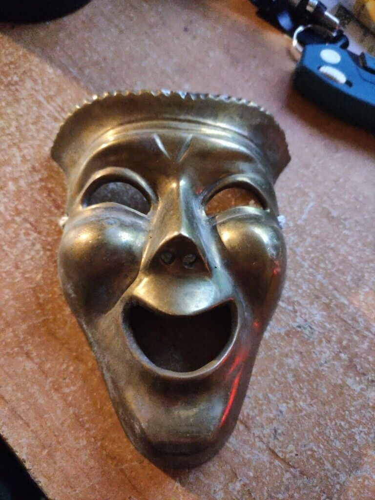 VTG Solid Brass Comedy / Tragedy Mask Wall Art, Theatrical Drama Movie 