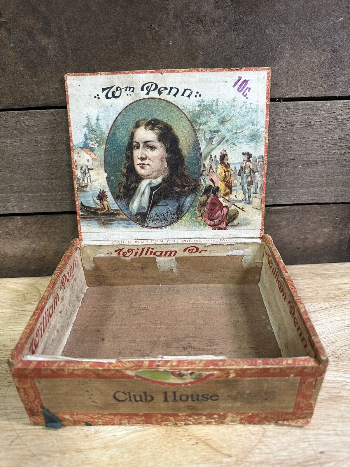 Antique Rare William Penn WM Wooden Club House 25 Cigar Box