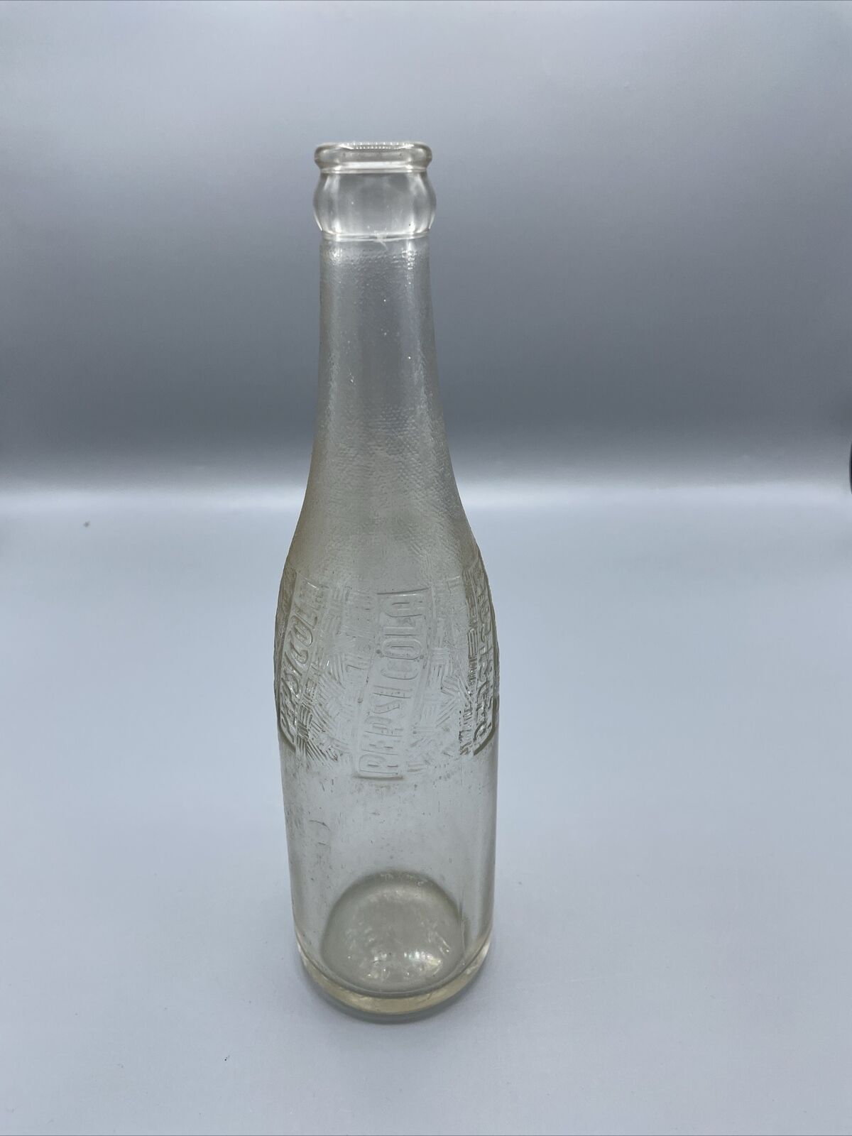 Vintage Embossed Label Pepsi Cola Glass Bottle - Clear Soda Pop Antique 1940\'s