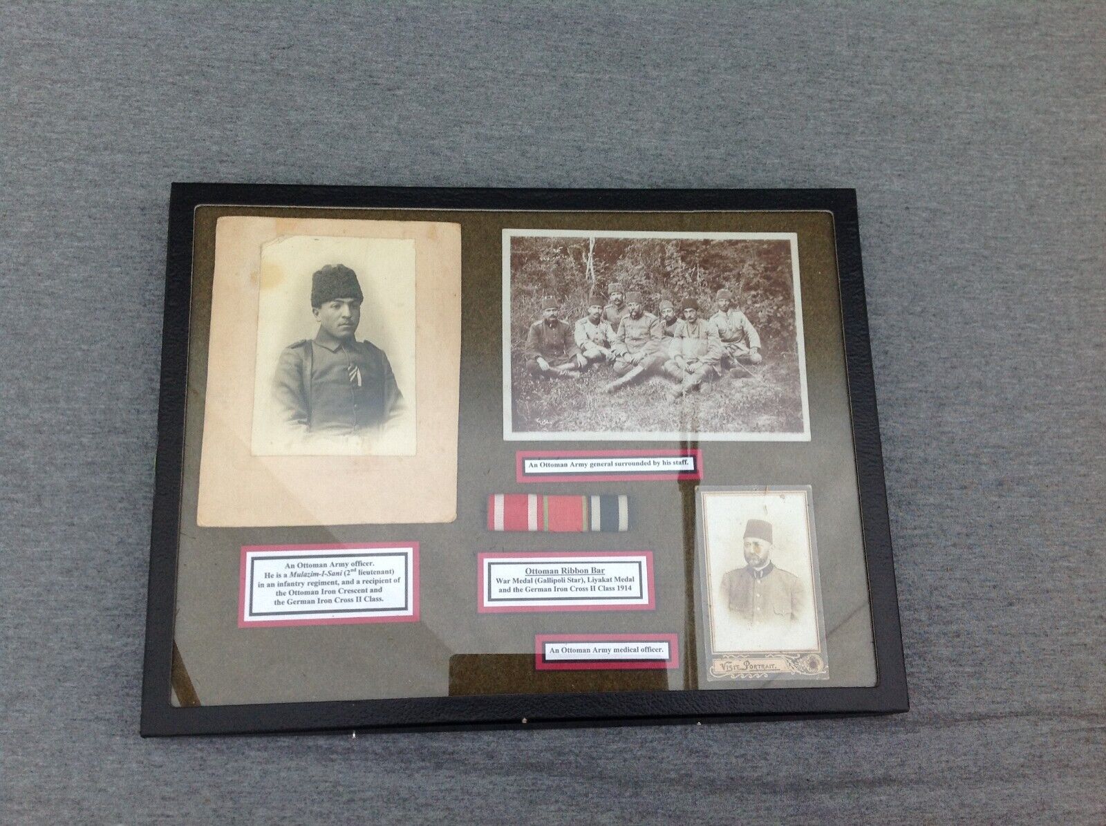 WWI Ottoman Ribbon Bar & Photographs with Descriptions in Display Box
