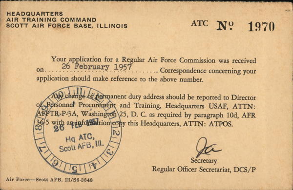 1957 Scott Air Force Base,IL Air Force Correspondence Card Illinois Postcard