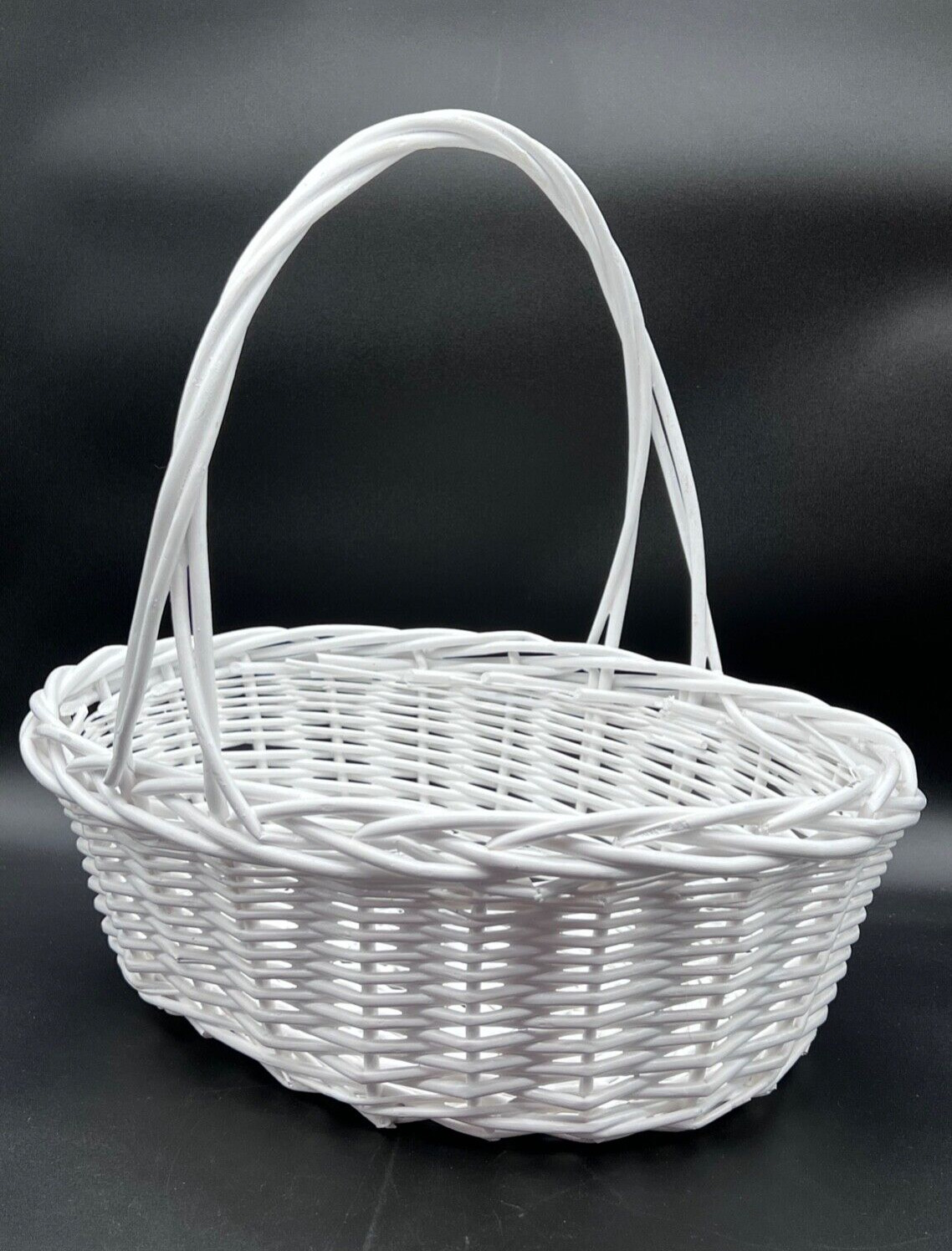 Large White Woven Wood Gathering Basket w/ Handle French Country Farmhouse 15.5\