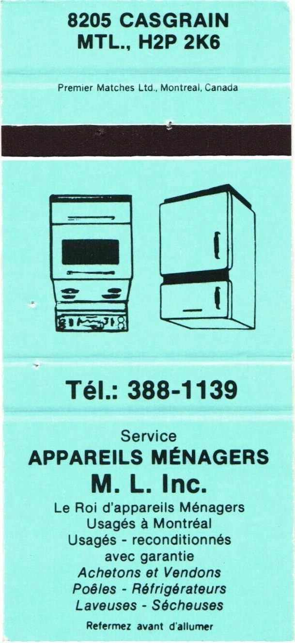 M.L. Inc. Home Appliances, Service, Used - Refurbished Vintage Matchbook Cover