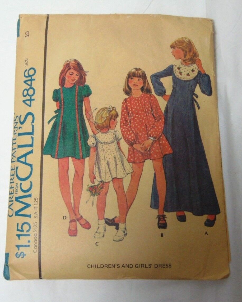 McCall\'s 1975 Carefree Pattern 4846 Girls Dress Size 10 Sewing Pattern