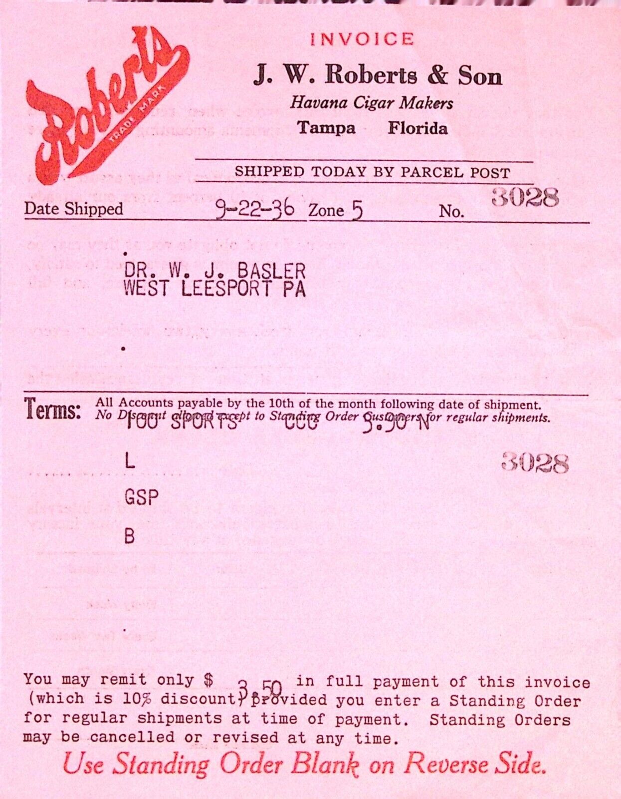 J.W. Roberts & Son Havana Cigar Makers 1936 Invoice Tampa Florida