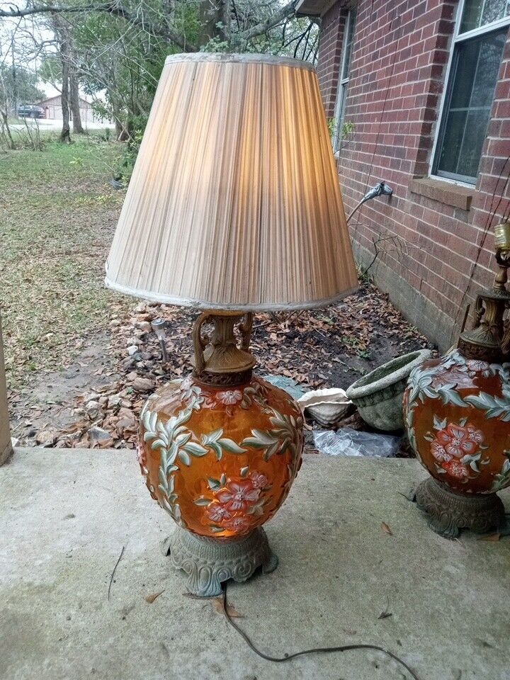 Pair Orange Glass Hand Painted Hollywood Regency Lamp
