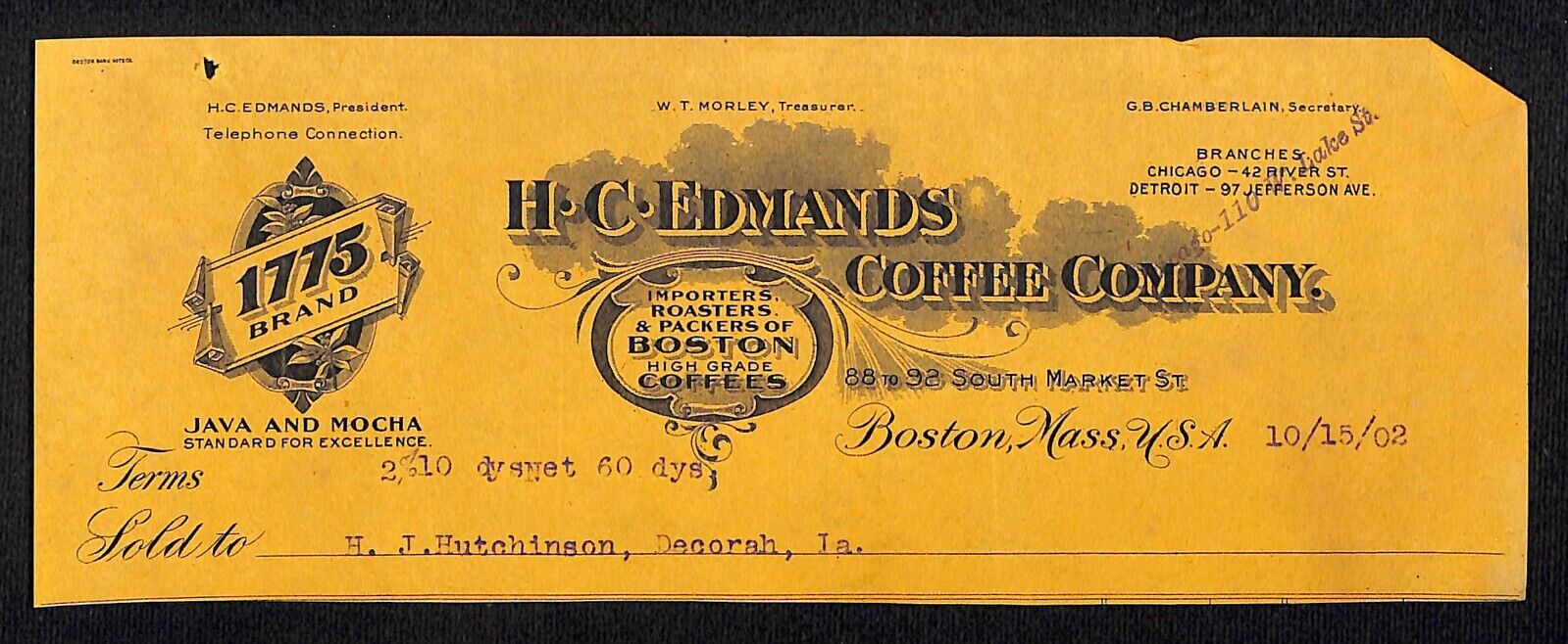 H.C. Edmands Coffee Co. Boston HJ Hutchinson Decorah, IA* Cut 1902 Billhead