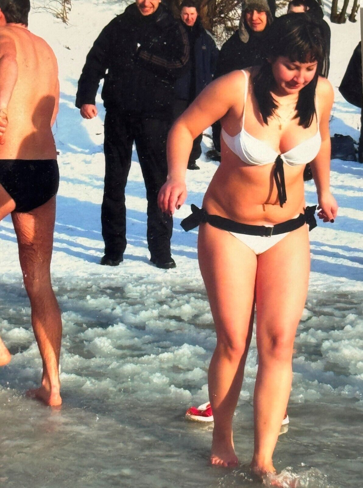 2000s Young Pretty Woman Brunette Bikini Winter Swimming Vintage Photo
