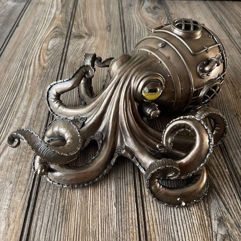 Handcrafted Steampunk Octopus Statue With Secret Trinket Box