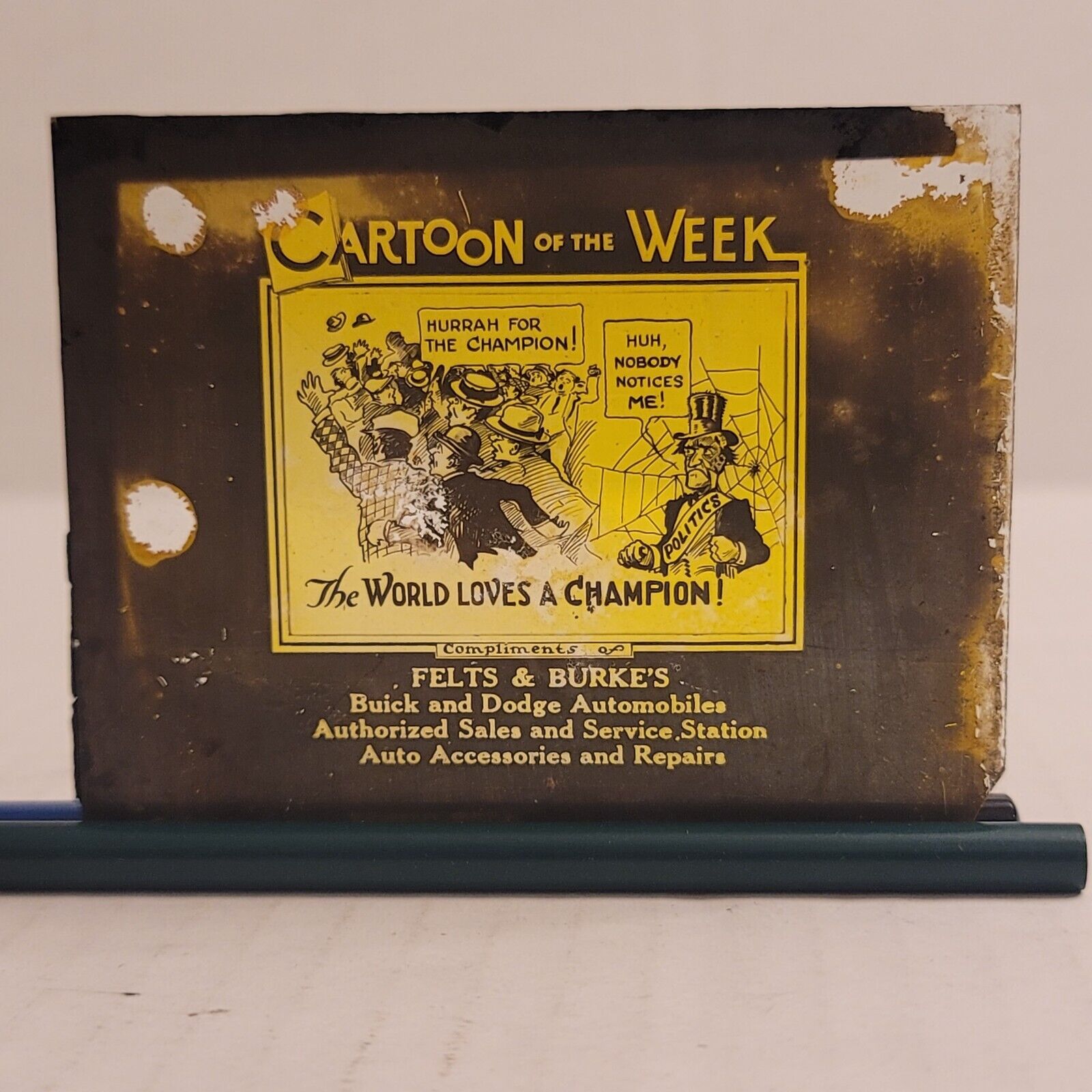 Vintage Magic Lantern Glass Movie Slide Cartoon Of The Week Advertising 1930\'s