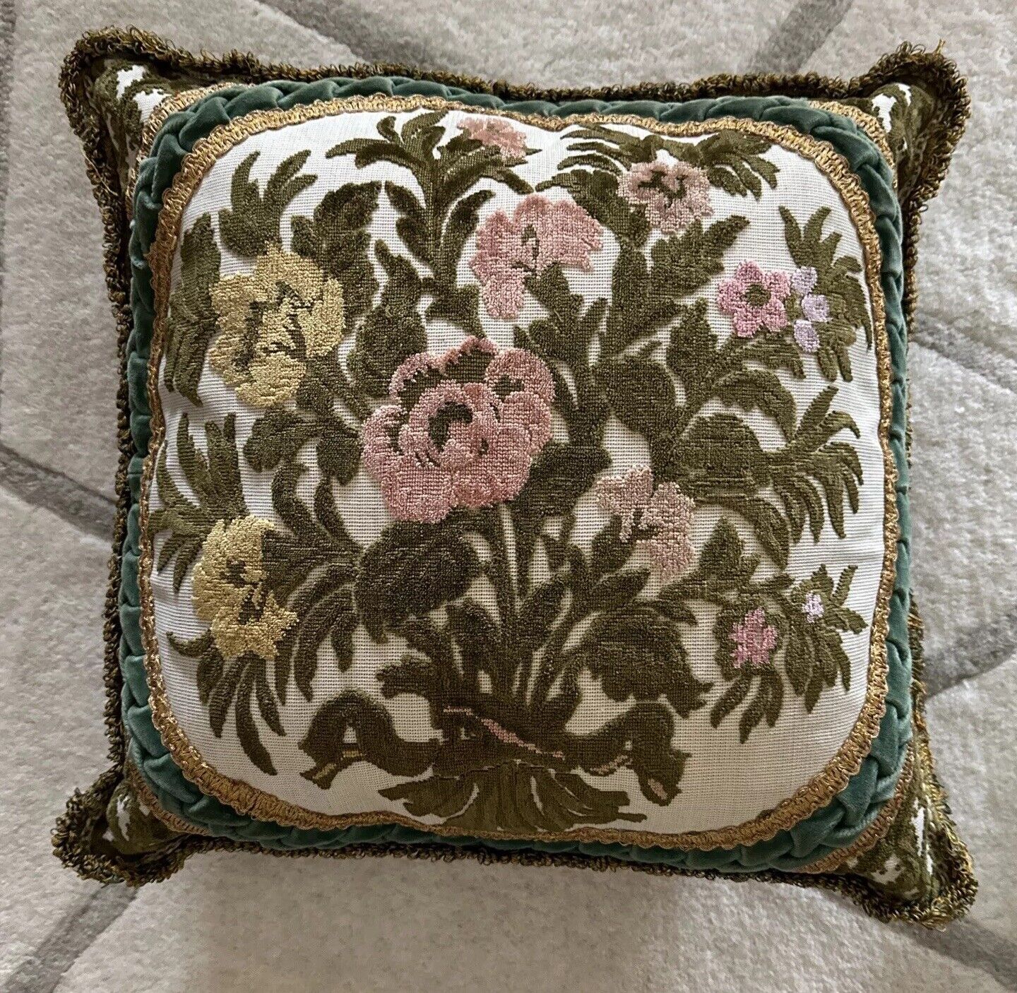 Vintage Floral Garden Ribbon Trim Velvet Backing Pillow 17x17