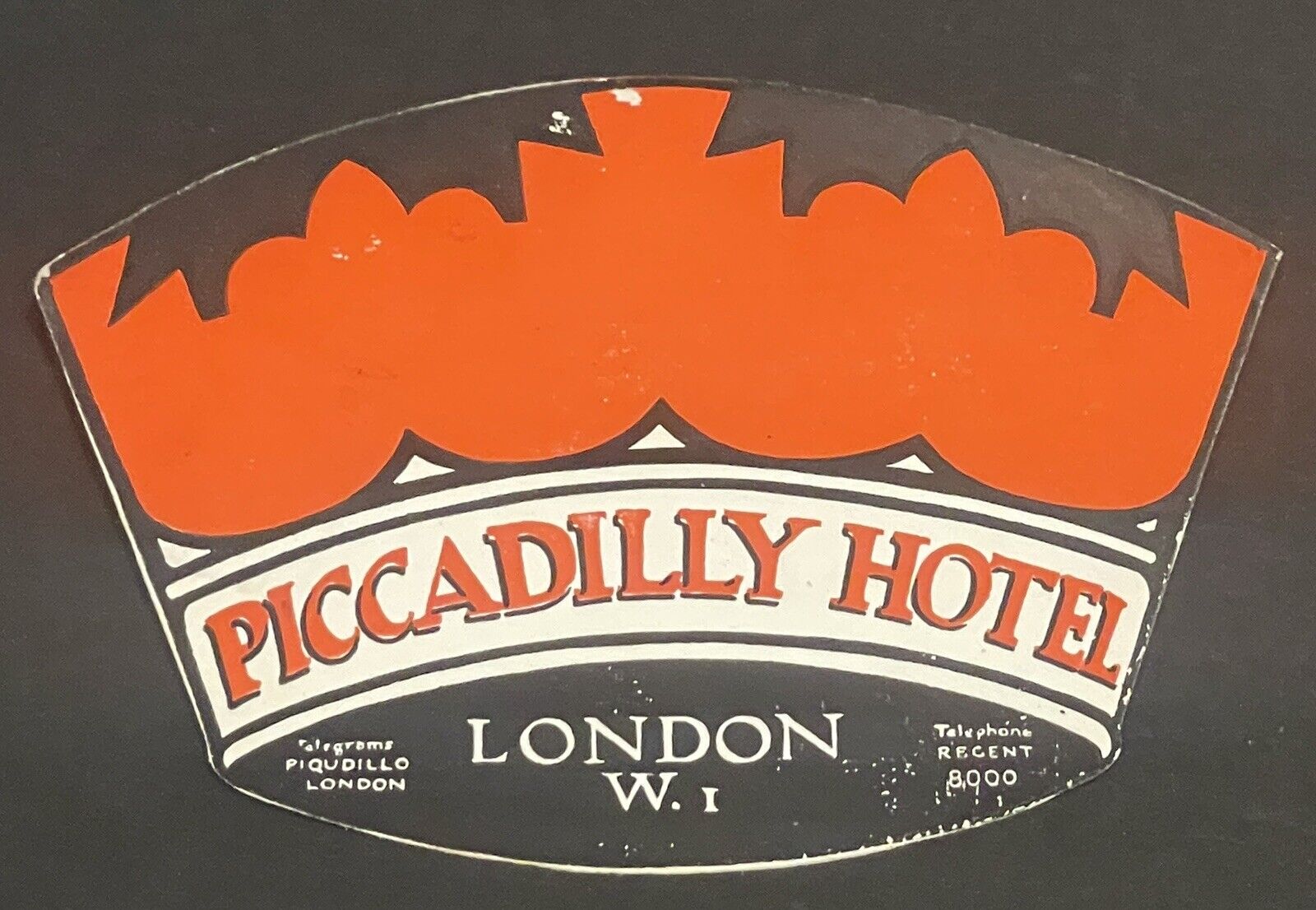 1940\'s-50\'s Piccadilly Hotel London, UK Baggage Label Original Orange