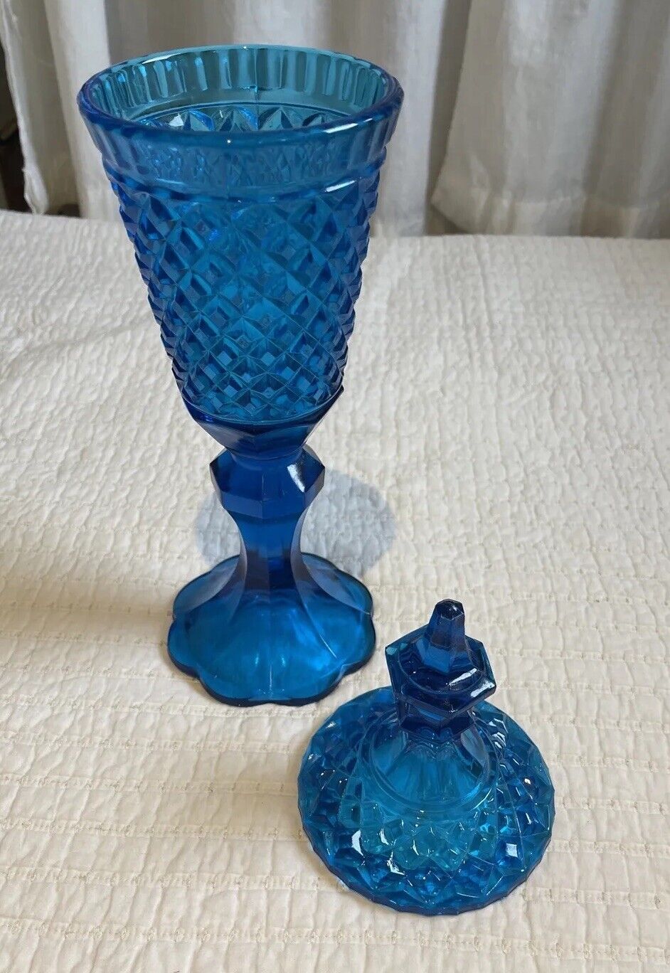 Vintage Blue Glass Urn With Lid Footed 1940’s Diamond Pattern Hollywood Regency