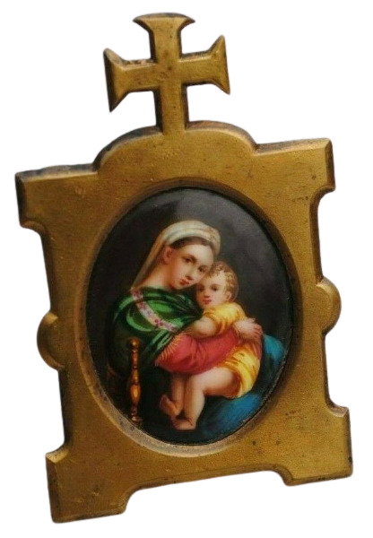 Miniature Porcelain Plaque Madonna And Child Antique Hand Painted 