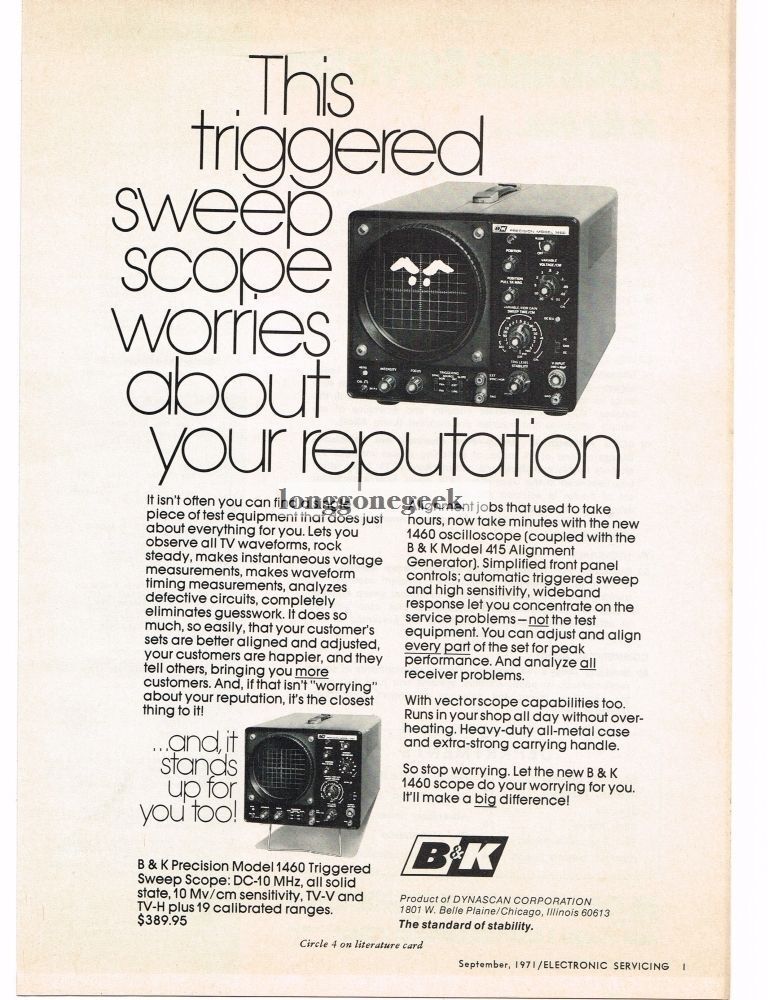 1971  B&K Model 1460 Triggered Sweep Scope Oscilloscope TV Repair Vintage Ad 