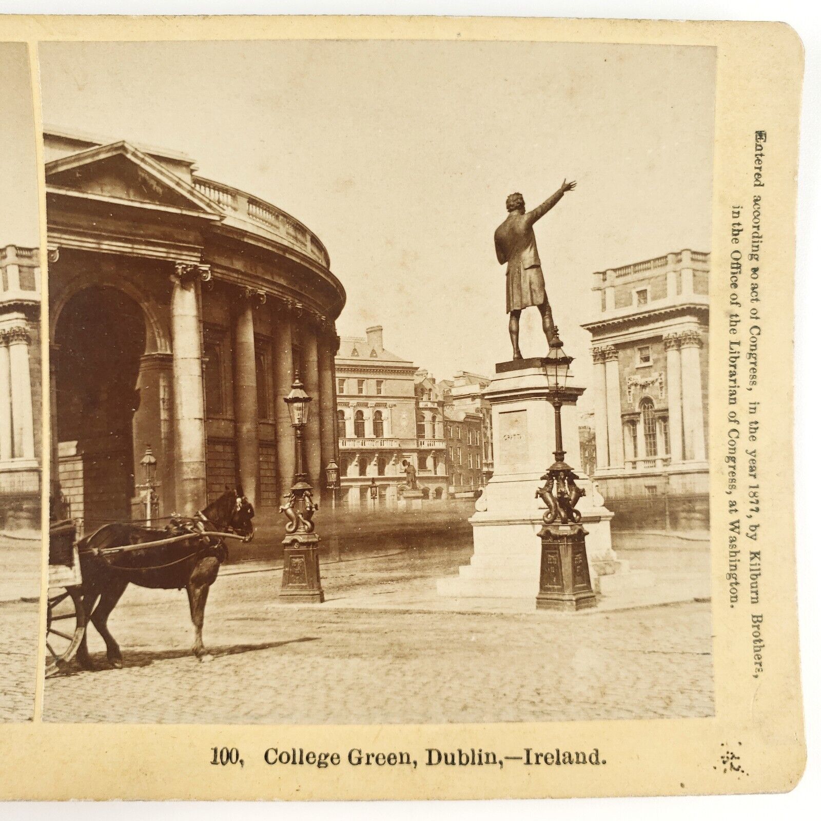 College Green Dublin Plaza Stereoview c1885 Kilburn Irish Statue Ireland H948