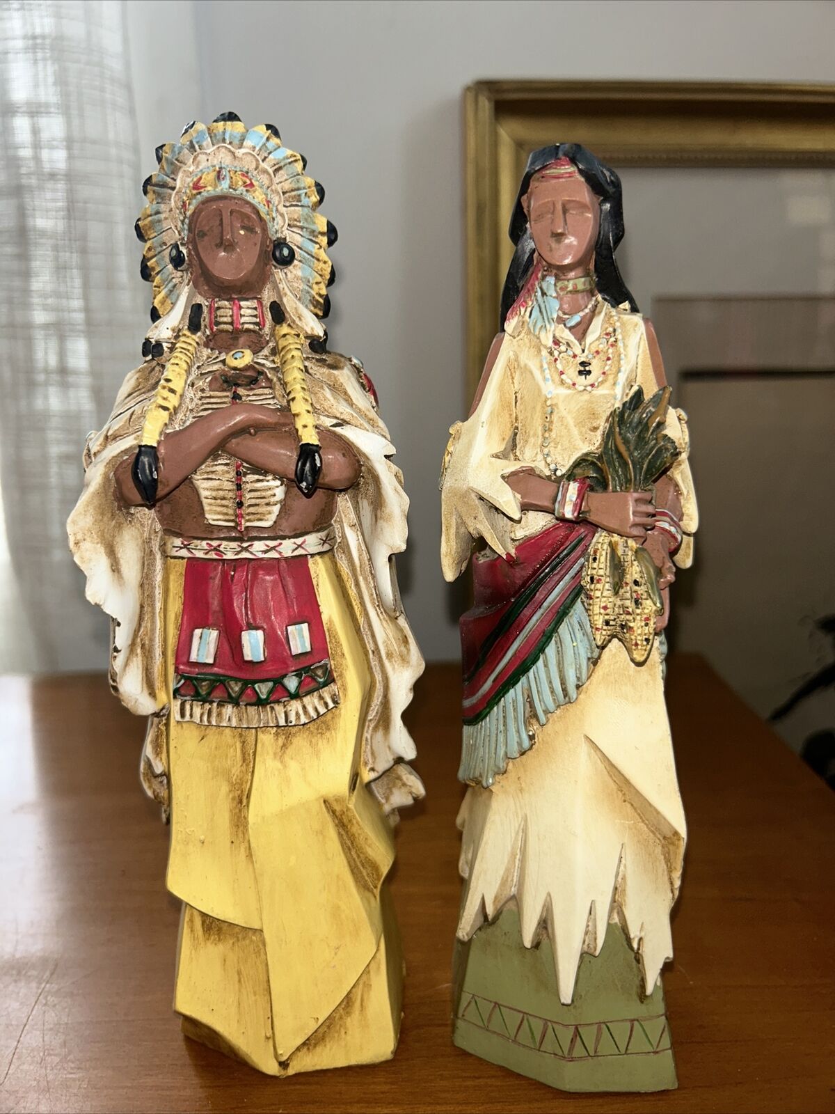 Pacific Rim Cubist Native American Indian Figurines Couple Wood Look Resin 9”
