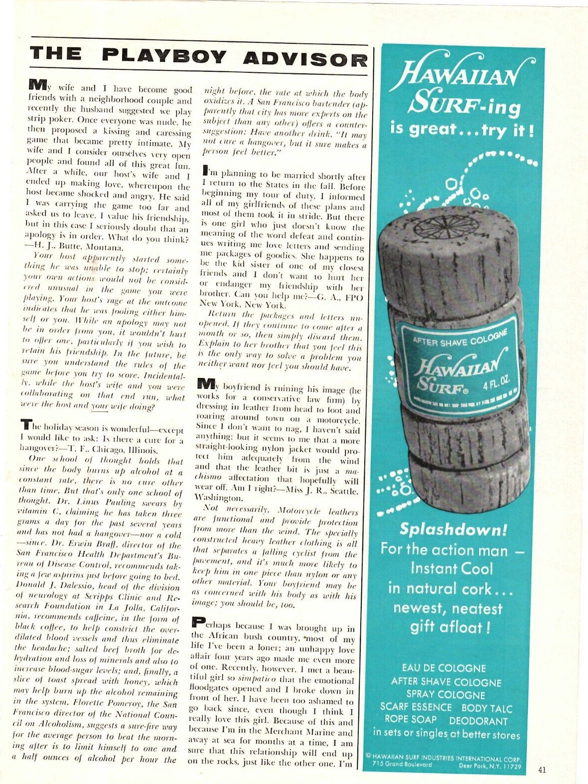 1972 Print Ad  Hawaiian Surf Eau De Cologne After Shave Spray Scarf Essence Talc