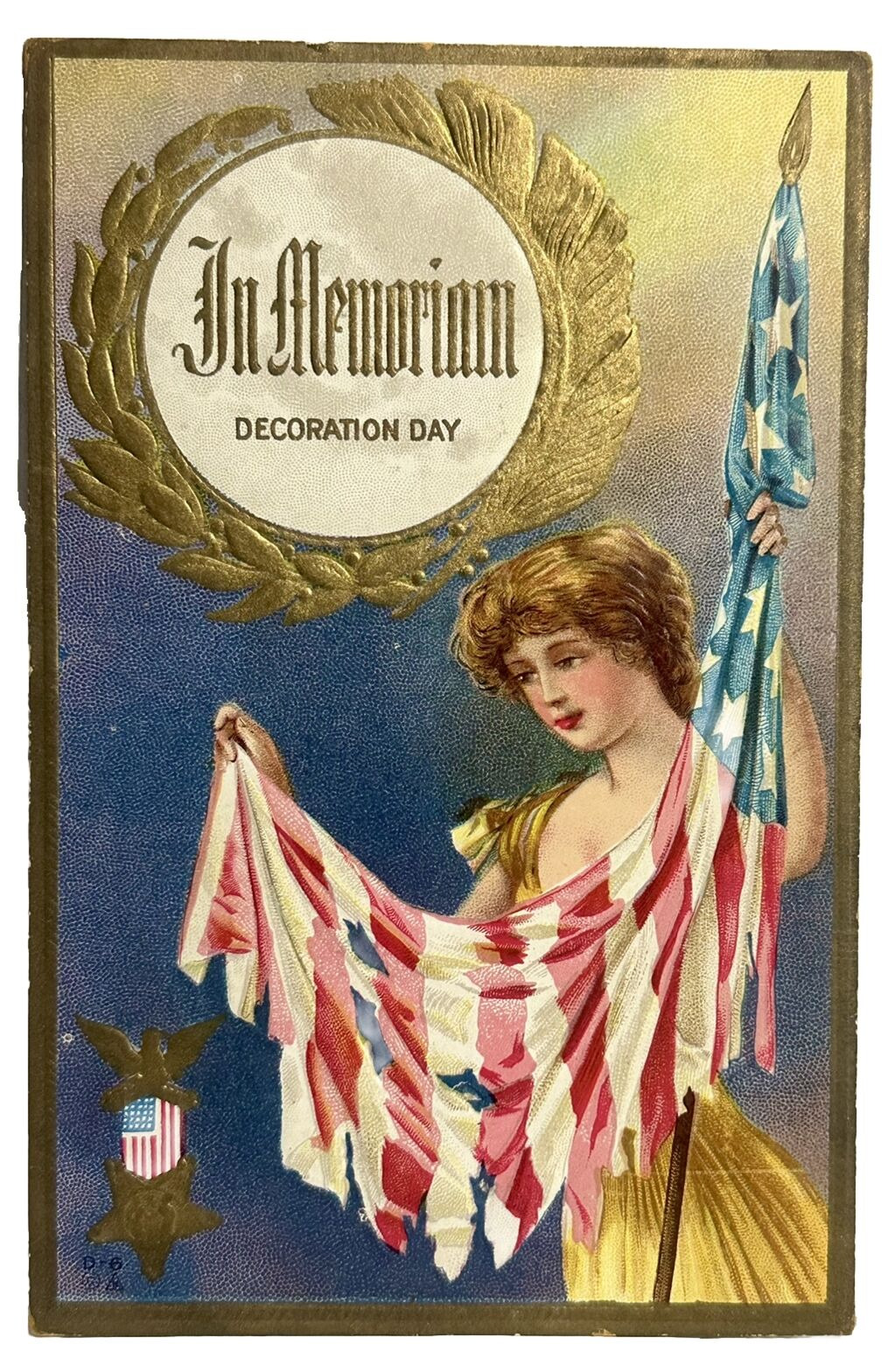 Decoration Day GAR Postcard Patriotic In Memoriam Lady Holds Tattered USA Flag