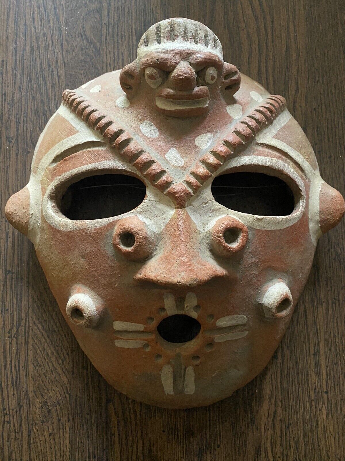 Vintage clay handmade mask tribal folk art African Head on forehead 2 heads
