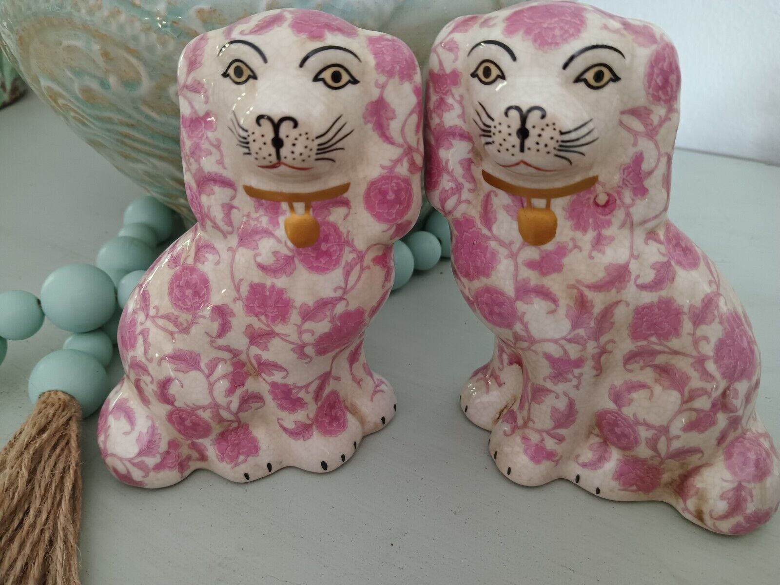 Staffordshire Reproduction Spaniel Pink Floral Dogs Pair Figurines-6''H