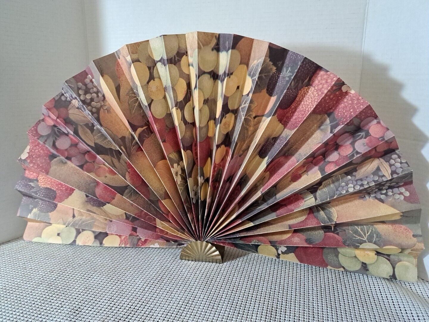 Vintage Large Fruit Decor Wall Mount  Folding Fan On Golden Stand For Table