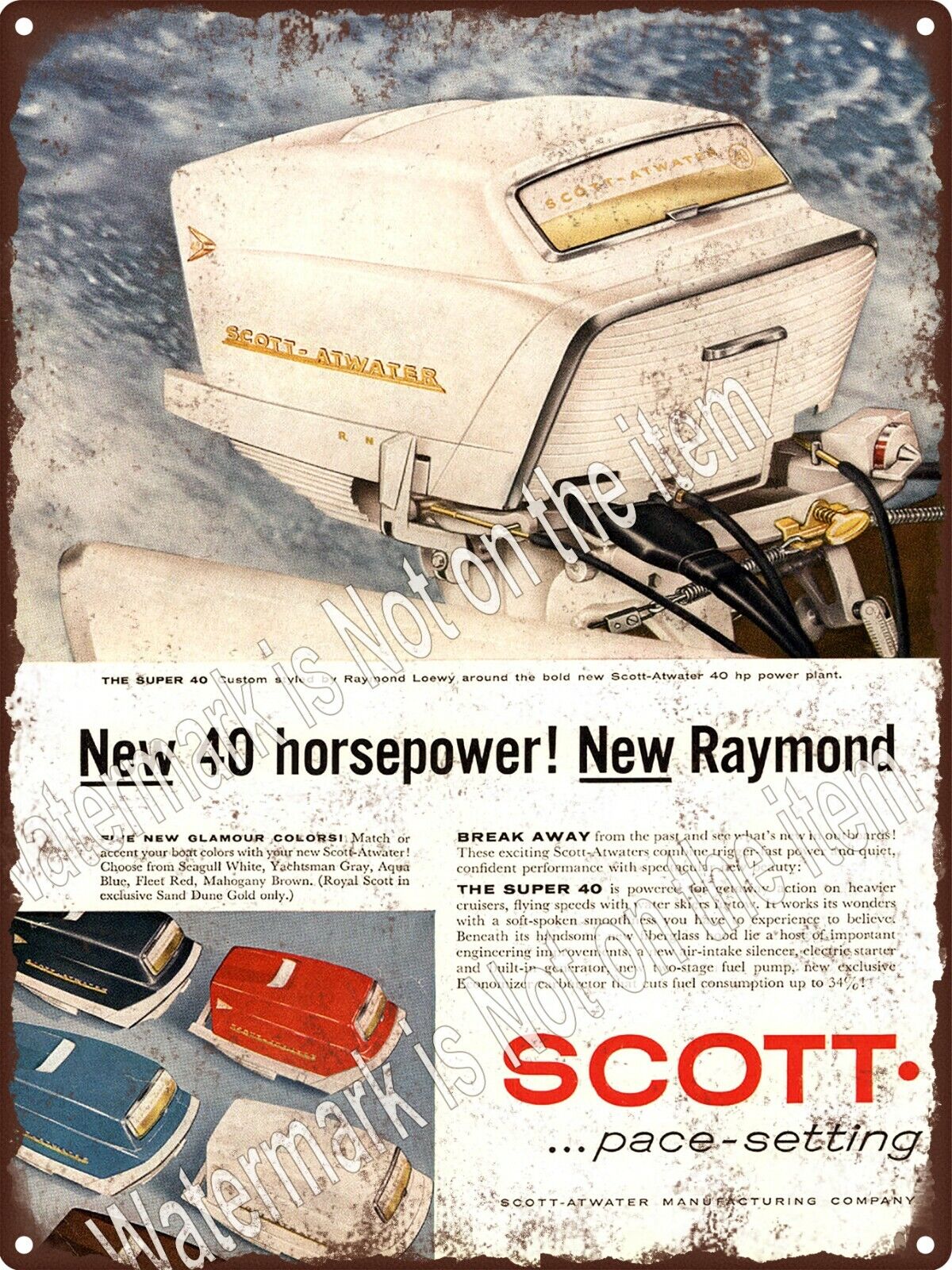 1957 Scott Atwater Outboard Motors Super 40 Motorboard Metal Sign 9x12\