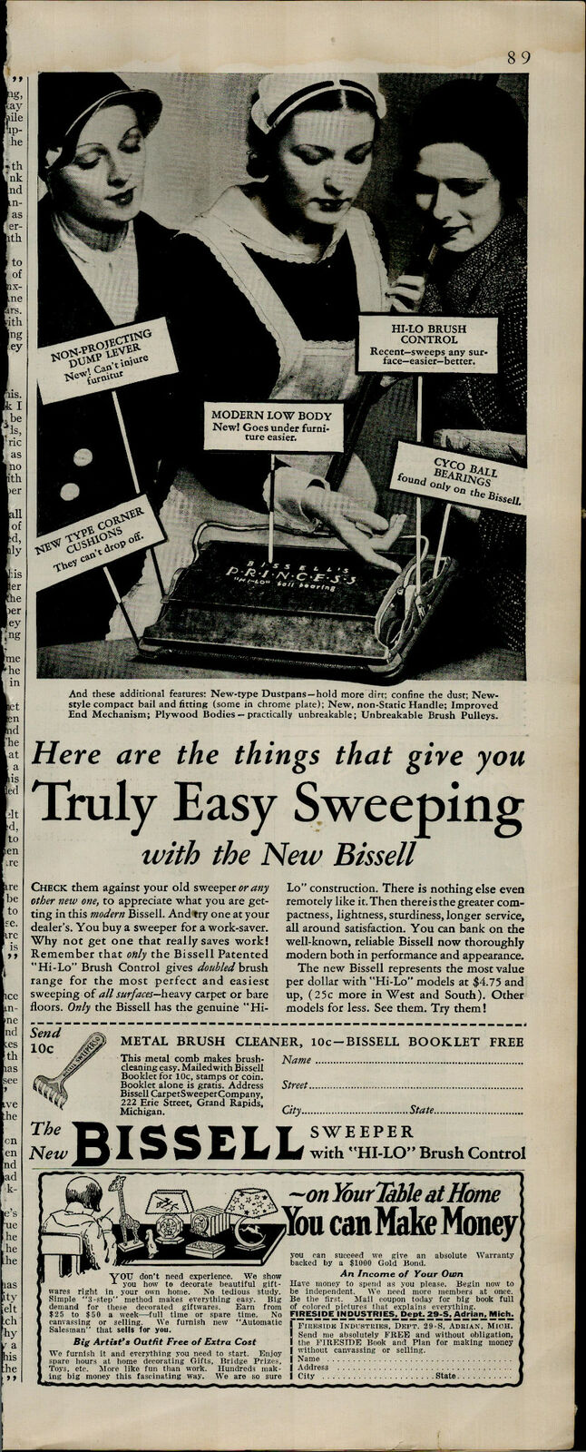 1932 Bissell Hi-Lo Brush Truly Easy Sweeping Vintage Print Ad 3457