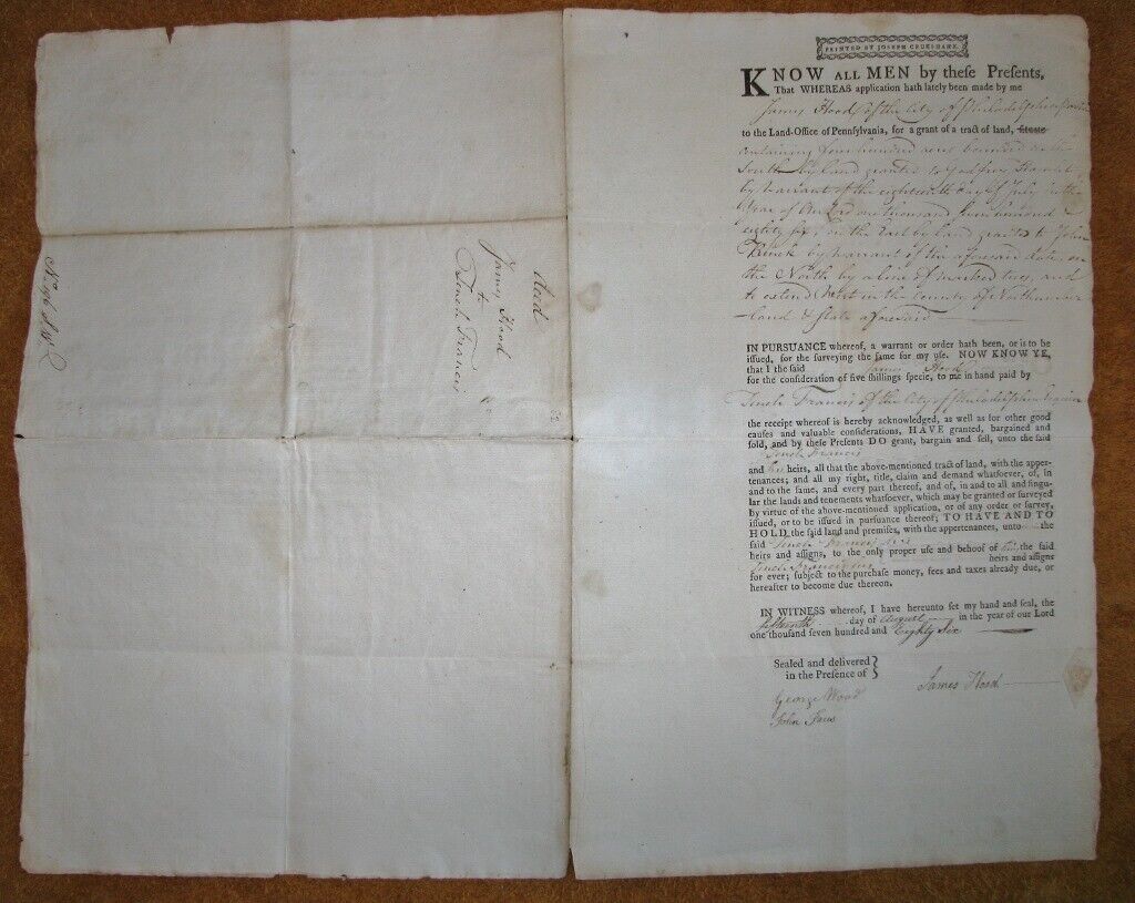1786 Northumberland Co Pennsylvania Partial Printed Deed James Hood - T. Francis