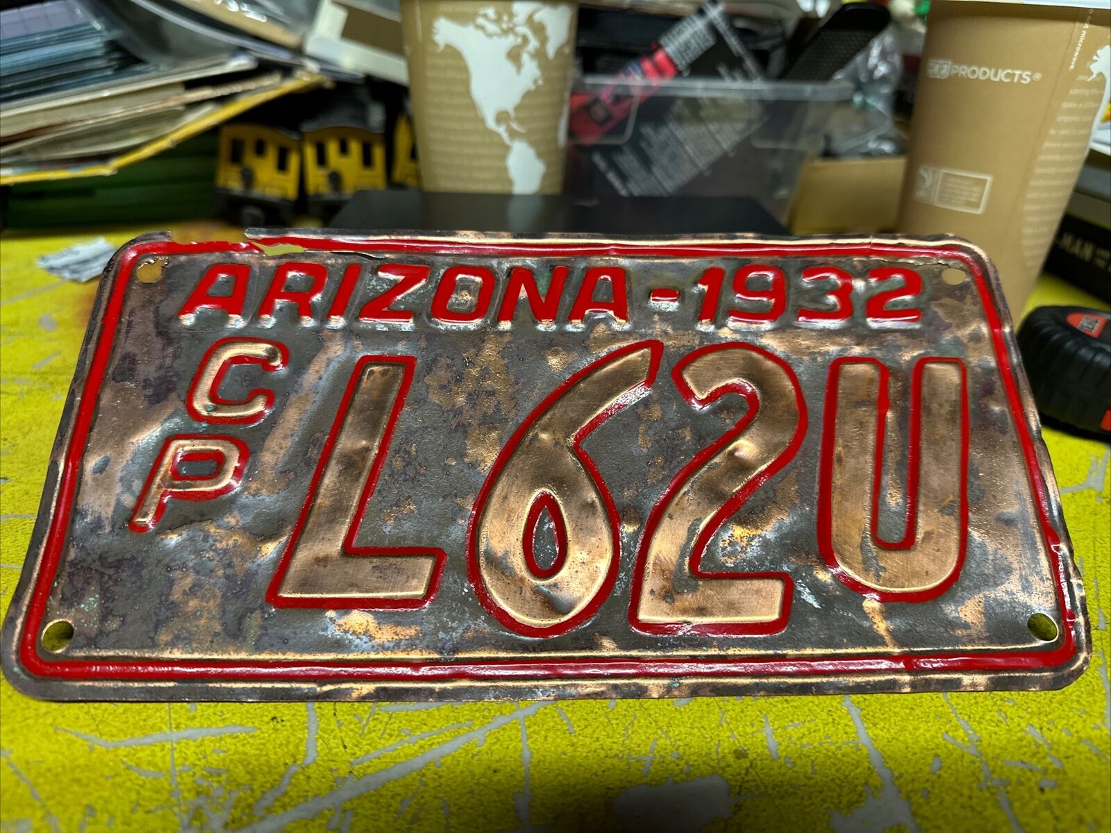 1932 Arizona Copper License Plate  L62U Vintage AZ 32 Antique Man Cave