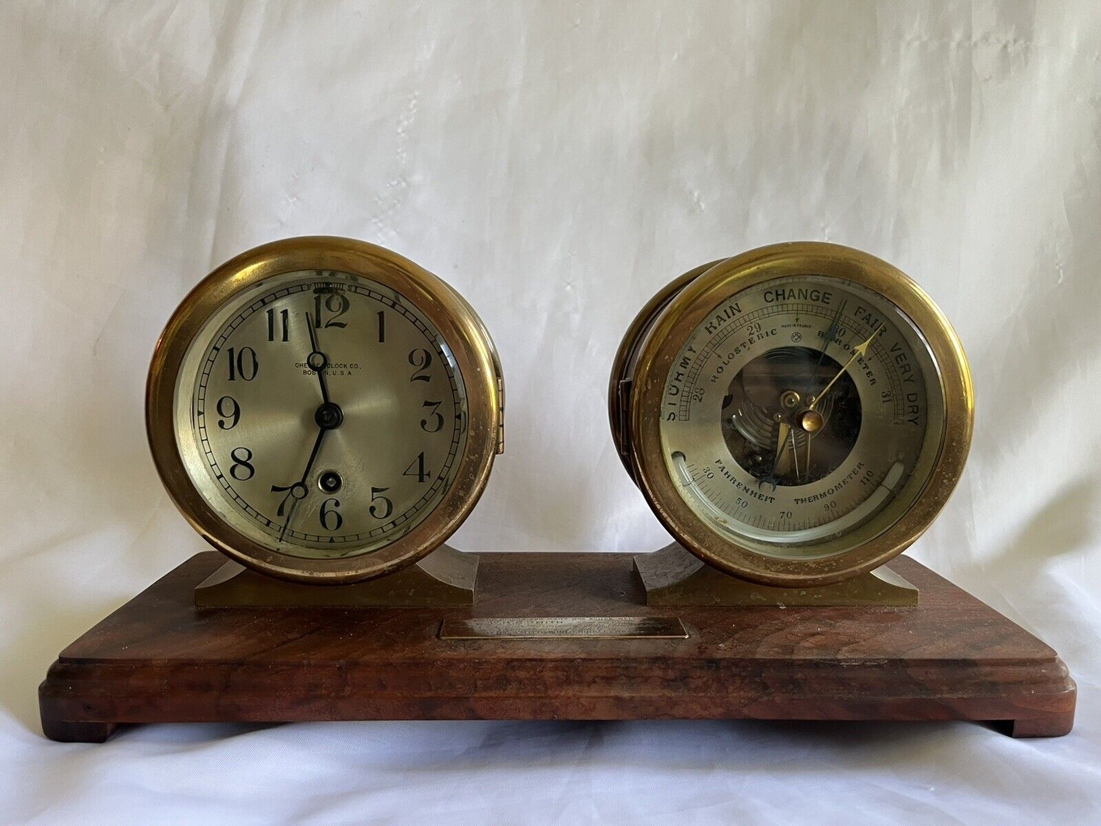 CHELSEA SHIP’S KEY CLOCK & HALOSTERIC BAROMETER SET on ROSEWOOD BASE, Working