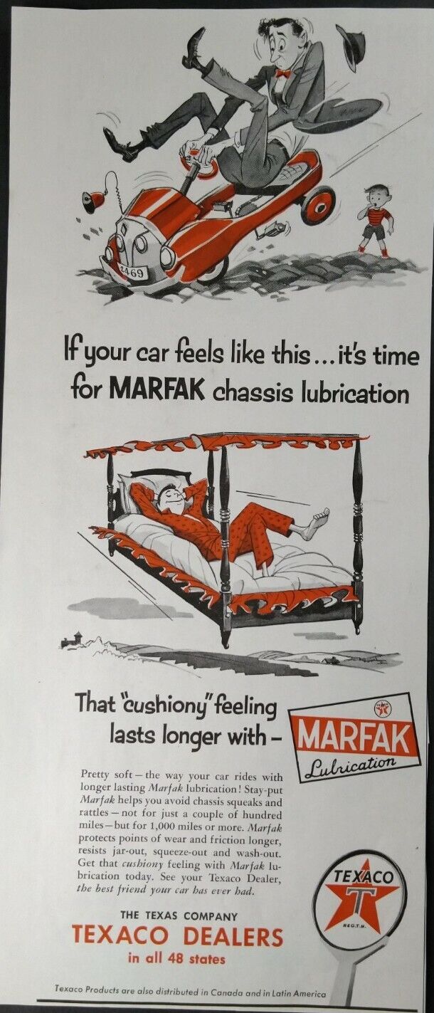 1954 Texaco Marfak Chassis Lubrication Car Automobile Canopy Bed Texas Print Ad