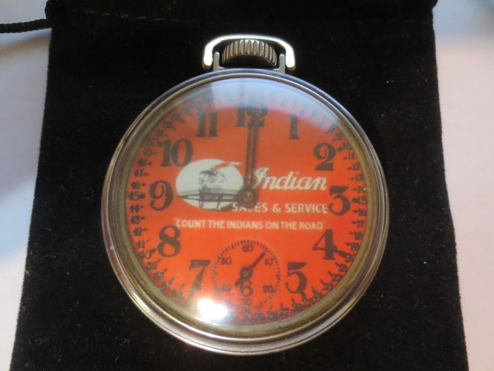 1930s 16s Pocket Watch Indian Motorcycle Service Ad Theme Dial & Case Working.