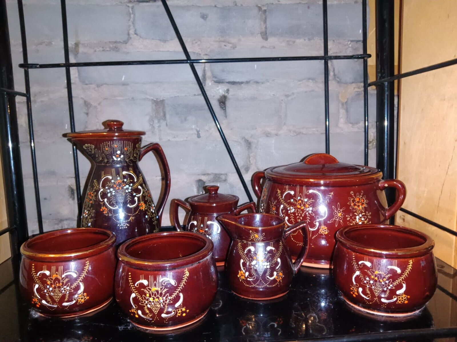 Vintage Japanese Hand Painted Moriage Brown Betty Redware 7pc Tea Set SEE Info