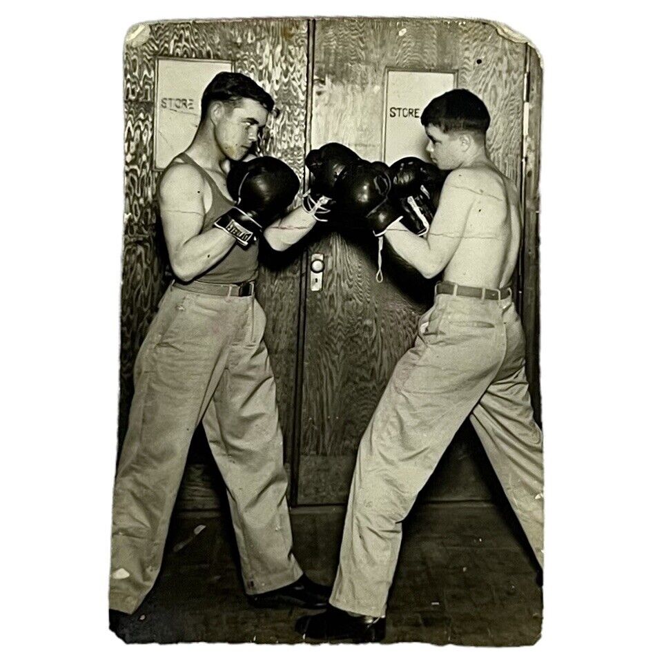 Vtg 1940's Photo Handsome Young Men Boxing Military Gay Interest Everlast Gloves
