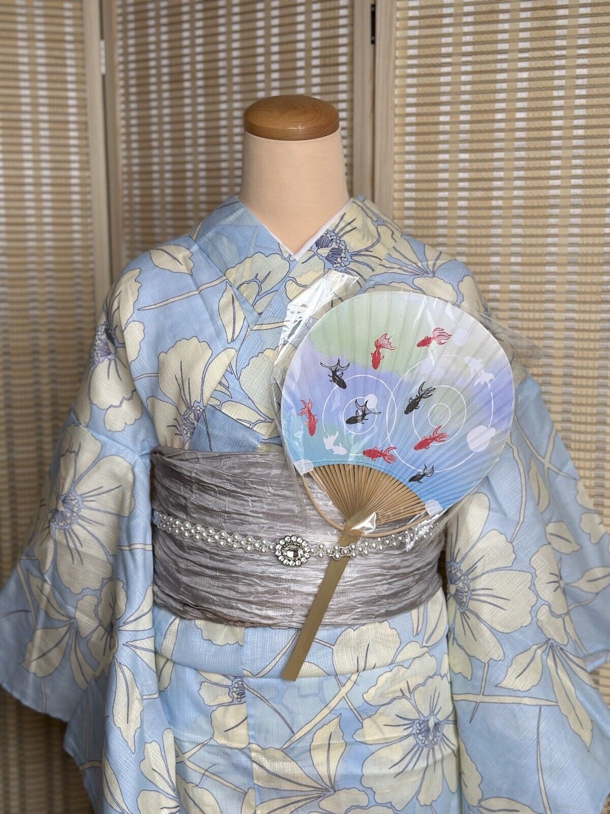 Japanese Traditional Yukata/Summer Kimono(Water Blue Base with Flower) Full Set