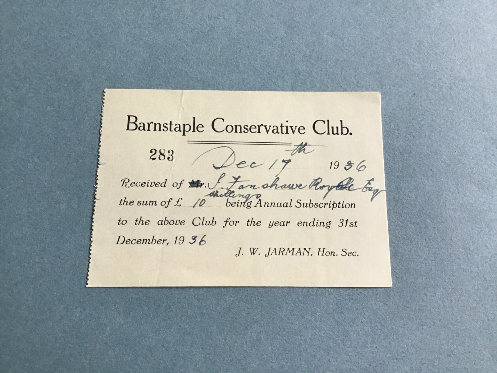 Barnstable Conservative Club 1936 J W Jarman Hon Sec receipt Barnstable R34948