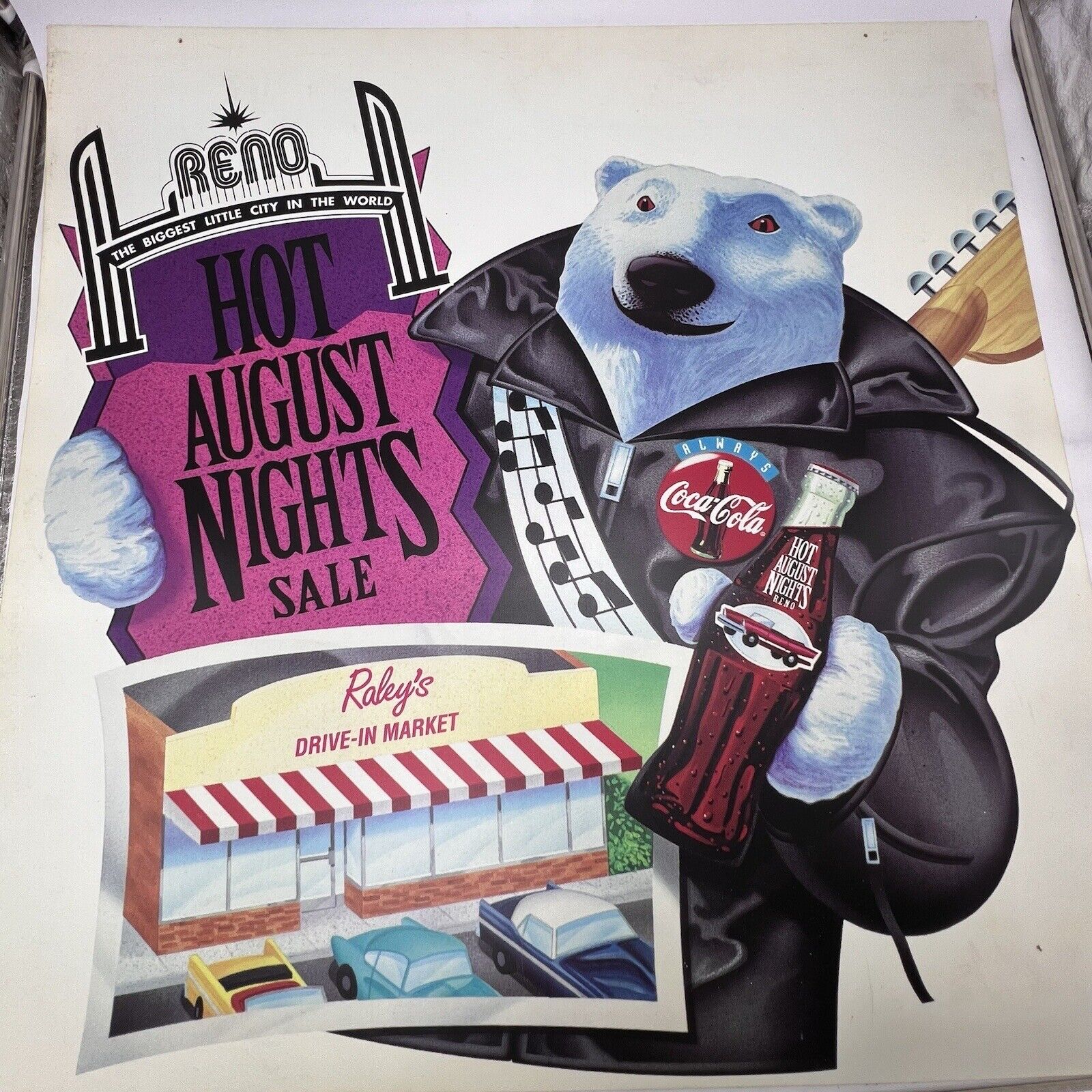 Vintage Hot August Nights Sign Reno Coca Cola Polar Bear 30” Sq Hard Plastic Car