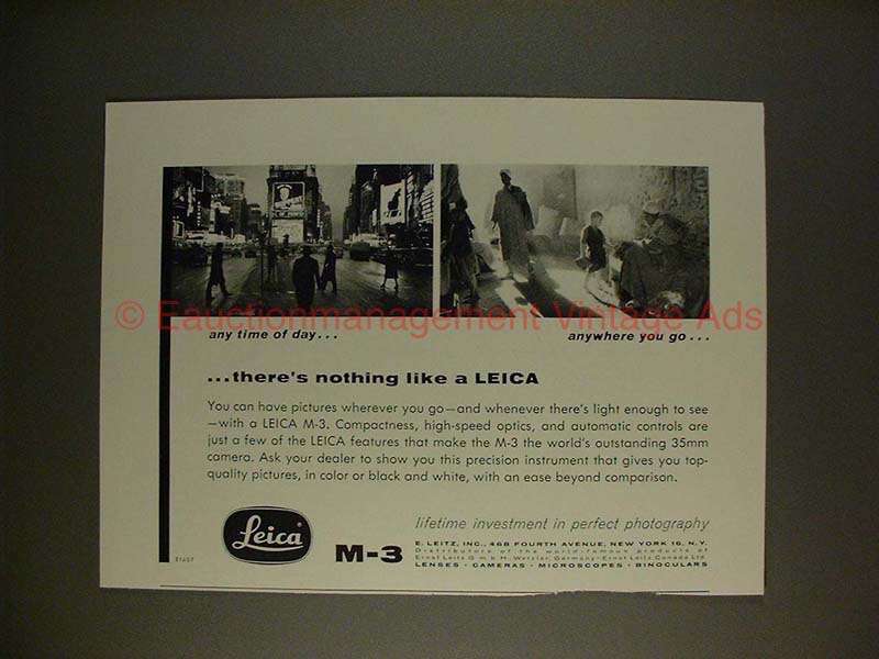 1957 Leica M-3 M3 Camera Ad - Any Time Of Day Anywhere