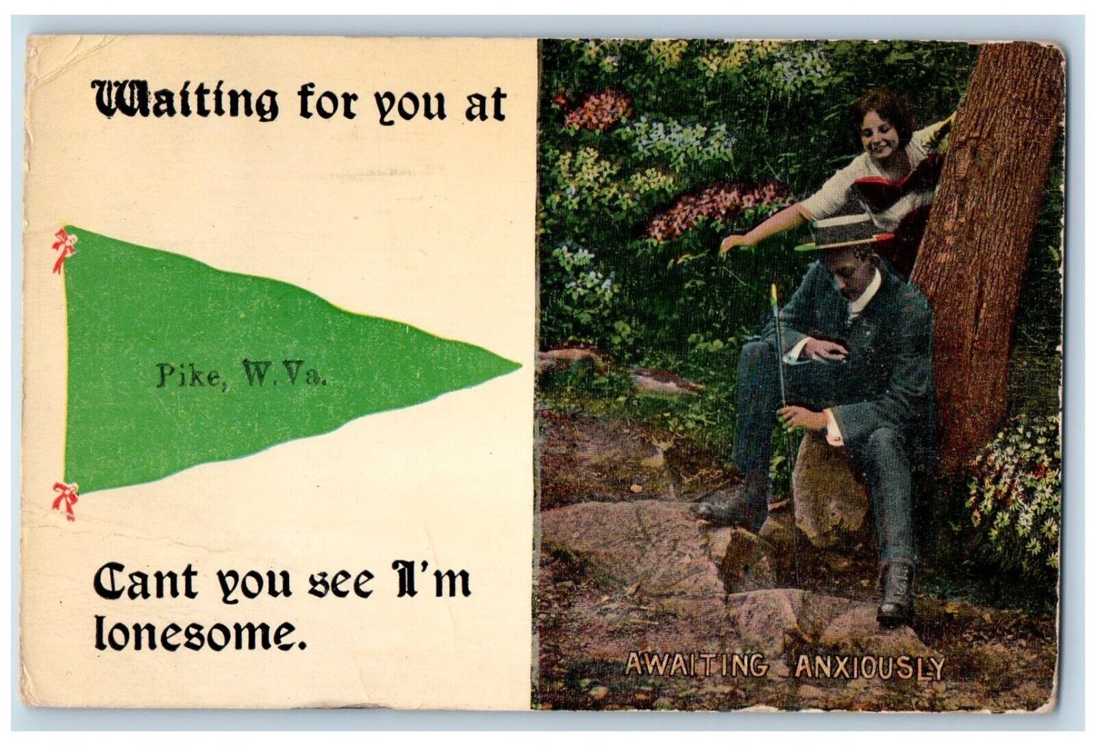 1913 Couple Awaiting Anxiously In Forest View Pike WV Green Pennant Postcard