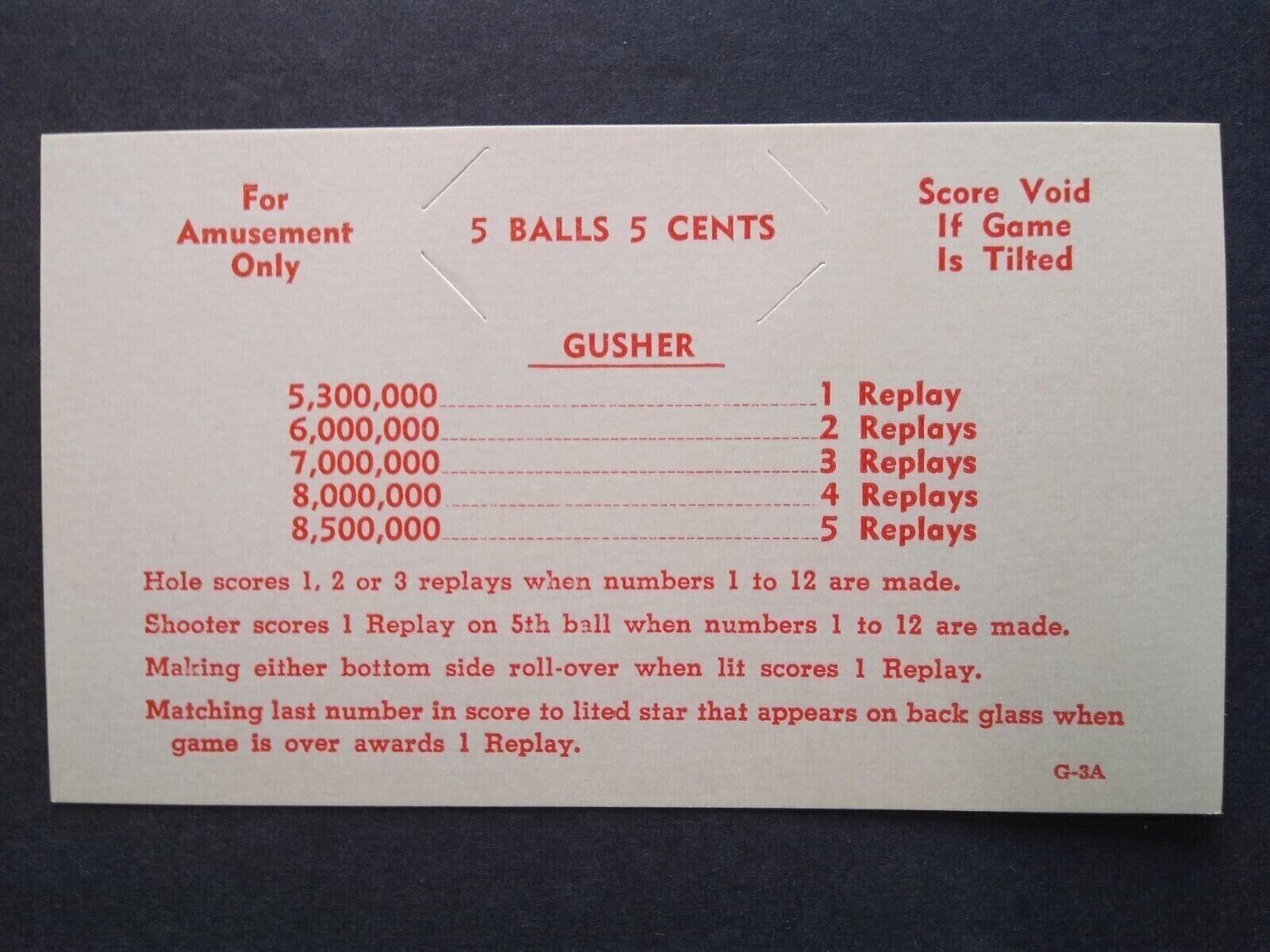 Gusher Pinball Game Original Instruction Replay Value Card NOS 1958 #2