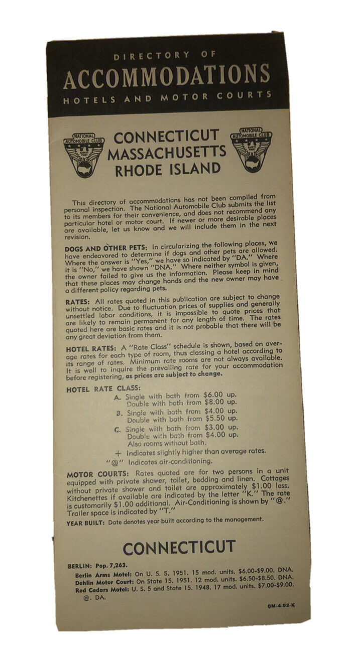1952 Connecticut Rhode Island Massachusetts Map Direc. Of Accommodations Hotel