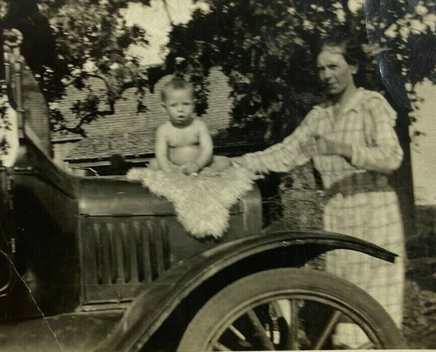 Baby Sitting On Hood Of Car Mother Holding B&W Photograph 2.75 x 4.5