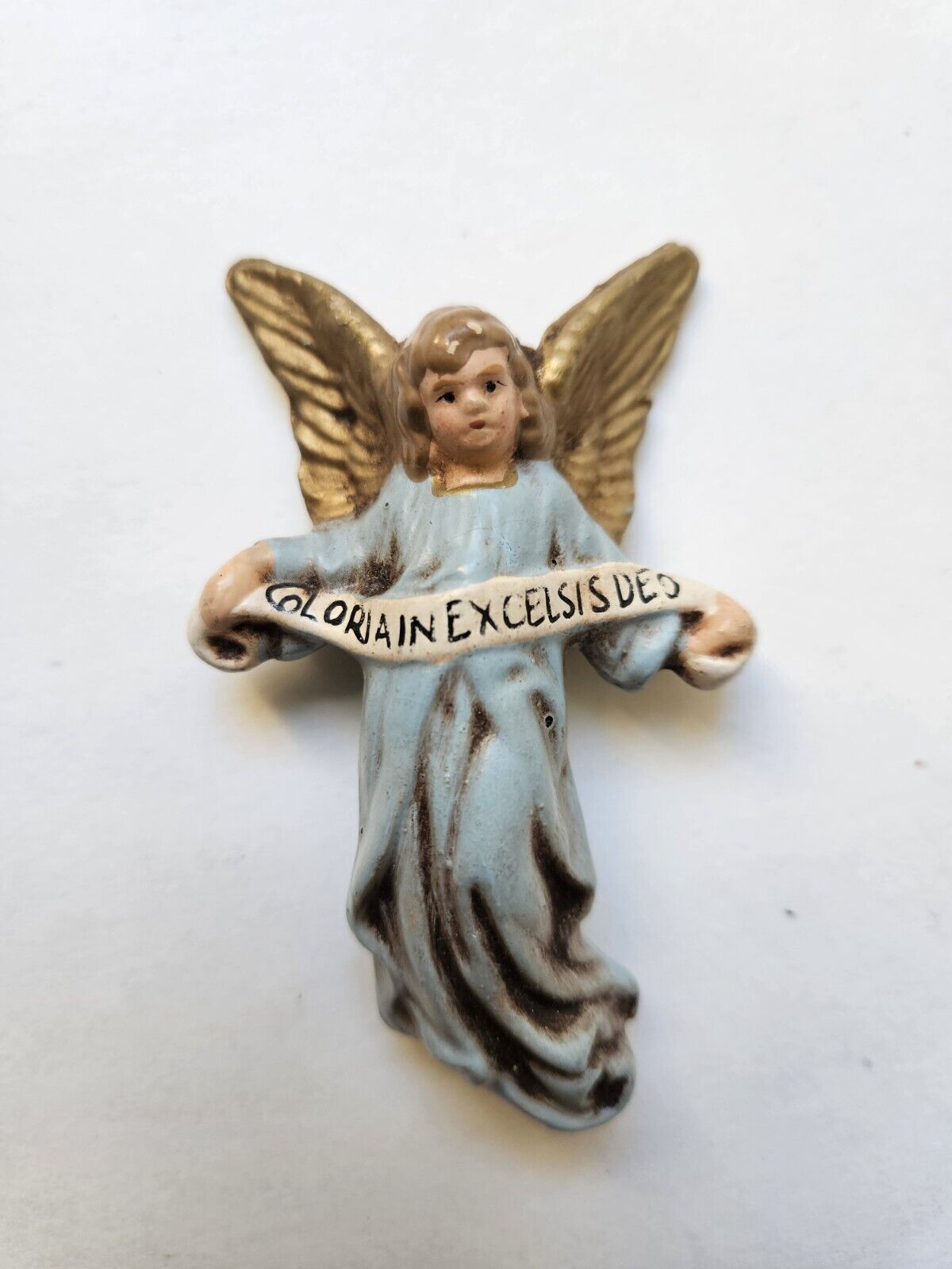 ANTIQUE VINTAGE CERAMIC ANGEL GLORIA IN EXCELSIS DEO CHRISTMAS ORNAMENT blue