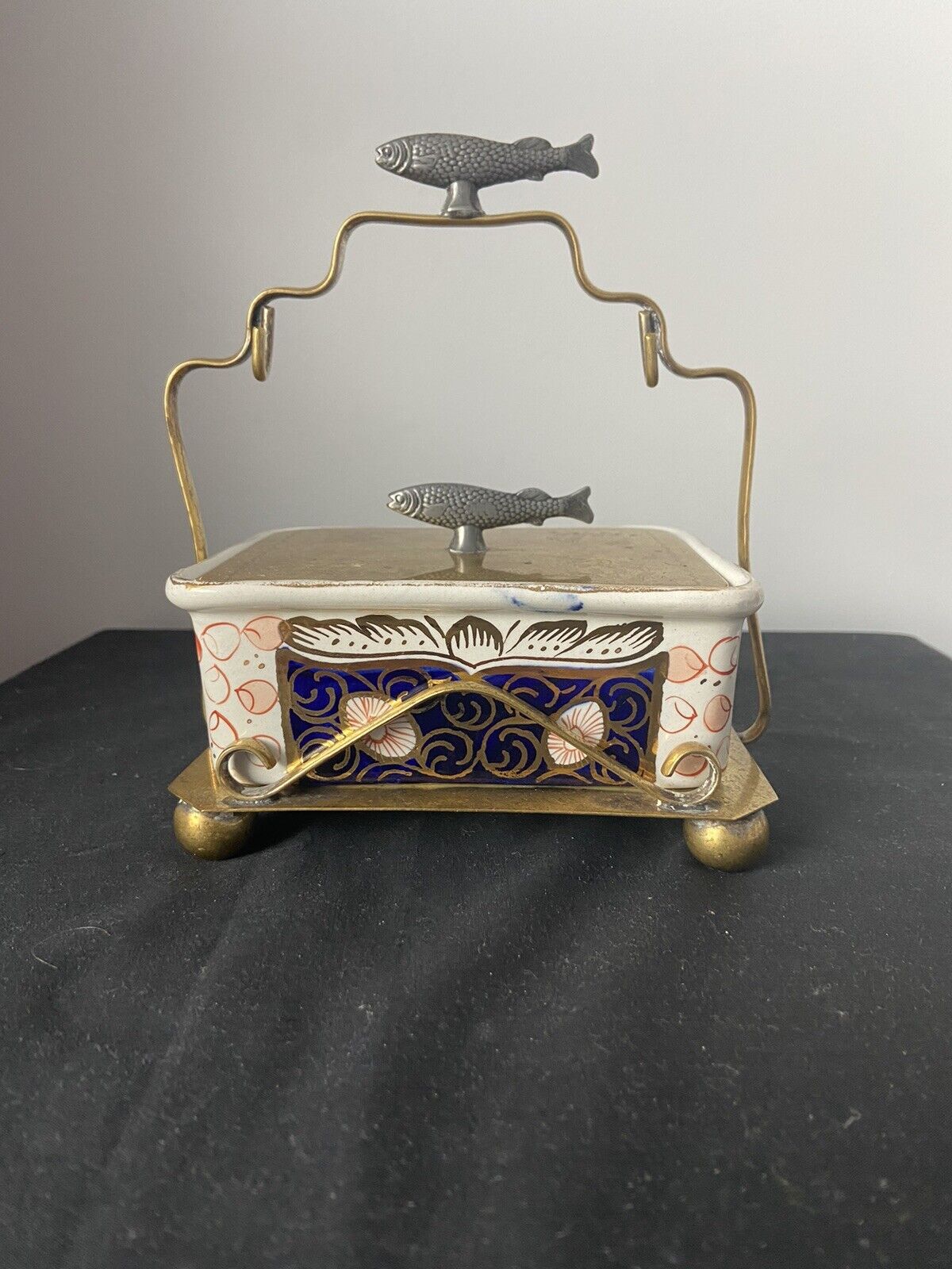 Antique Ceramic Sardine Lidded Box With Metal Tray Sardine Finials Brass